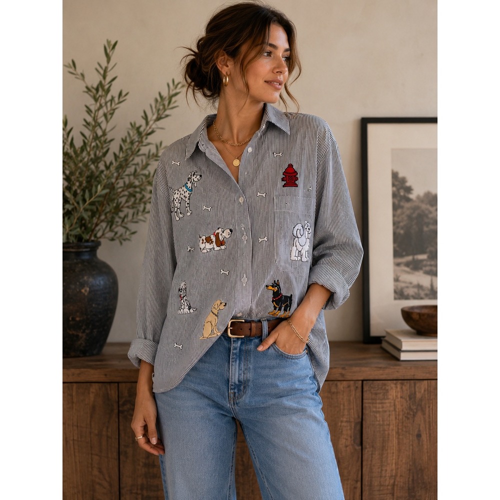 MiLi Designs Dog Embroidered Pinstripe Button Down Shirt S Made USA Vintage